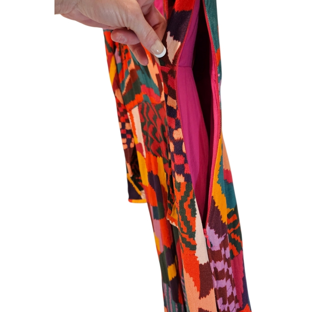 Farm Rio Red Abstract Patchwork Maxi Dress Long Sleeve Wrap Style Size Large - Picture 11 of 15